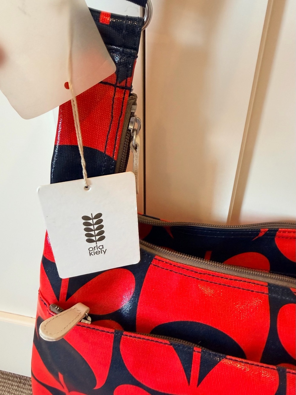 Orla Kiely Red and Navy Stem Patterned Shoulder Messenger Bag with Strap - Picture 5 of 8